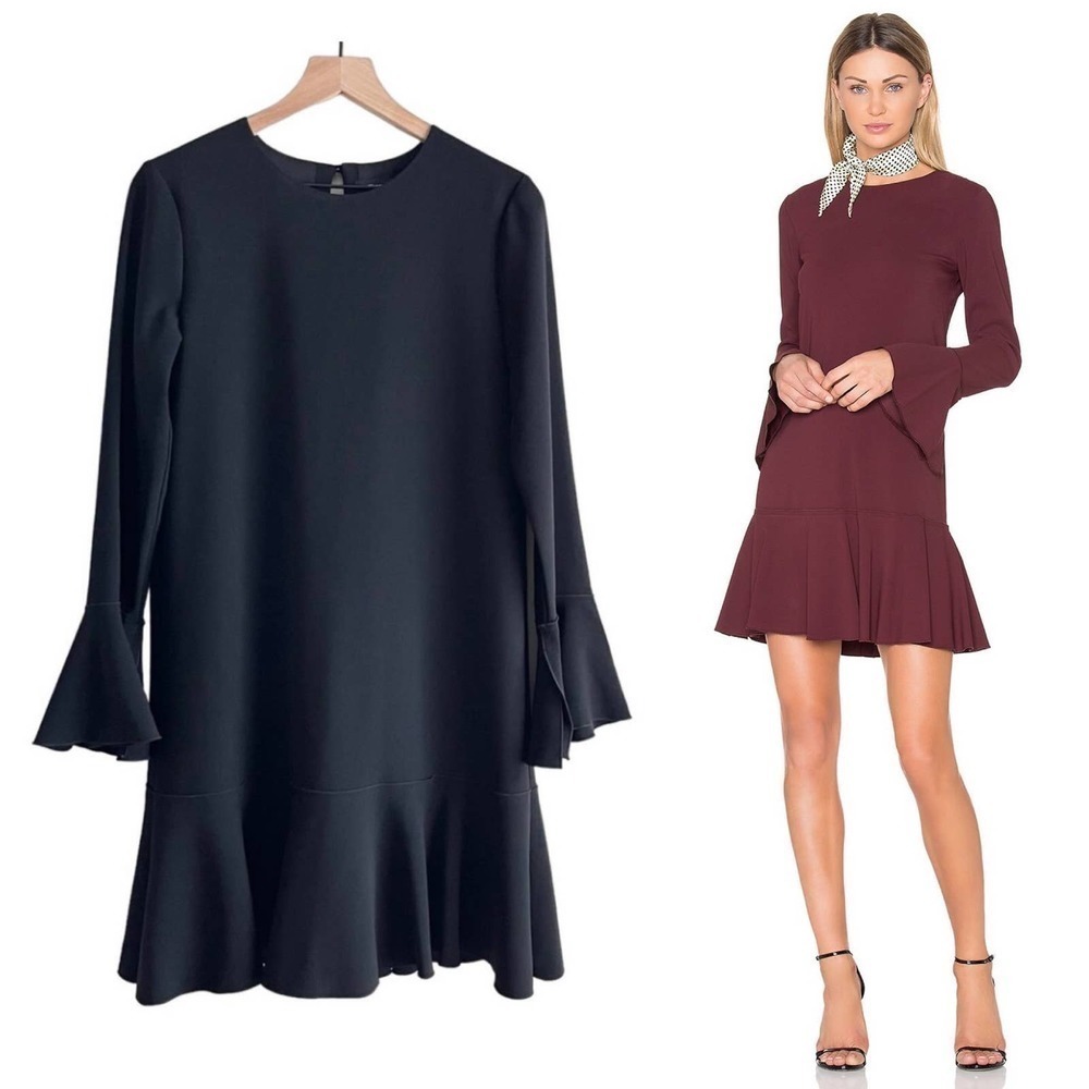 Theory Marah Black Maxyne Crepe Dress Flounce Hem Bell Sleeve, Size 8